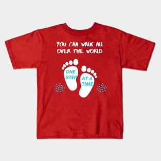 Red One step at a time Footprint Typography Kids T-Shirt